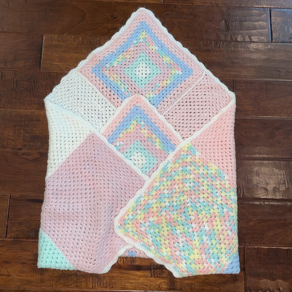 Vintage Crochet Hand Knitted Pastel Stained Glass‎ Sparkly 36x36 Baby Blanket